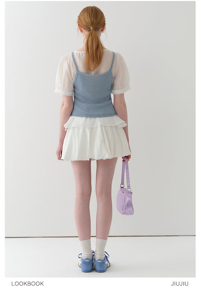 Sheer Puff-Sleeve Blouse With Knit Cami Set