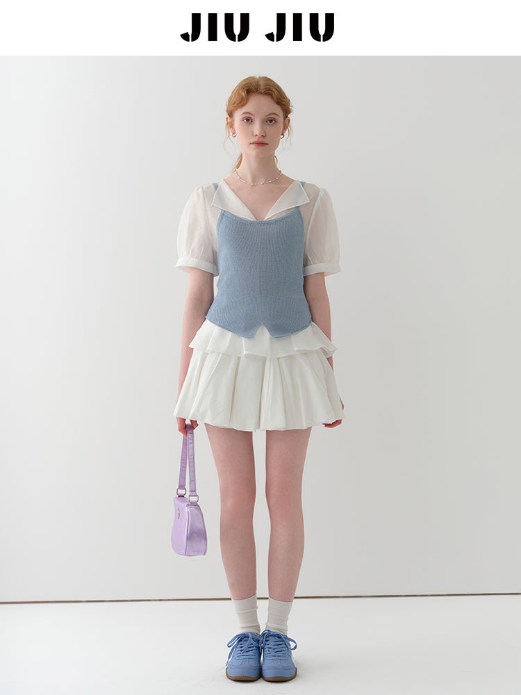 Sheer Puff-Sleeve Blouse With Knit Cami Set