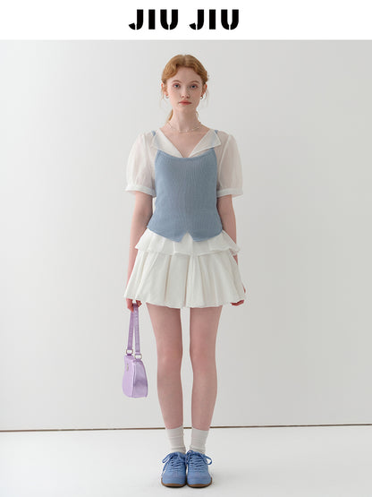 Sheer Puff-Sleeve Blouse With Knit Cami Set