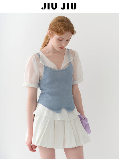 Sheer Puff-Sleeve Blouse With Knit Cami Set
