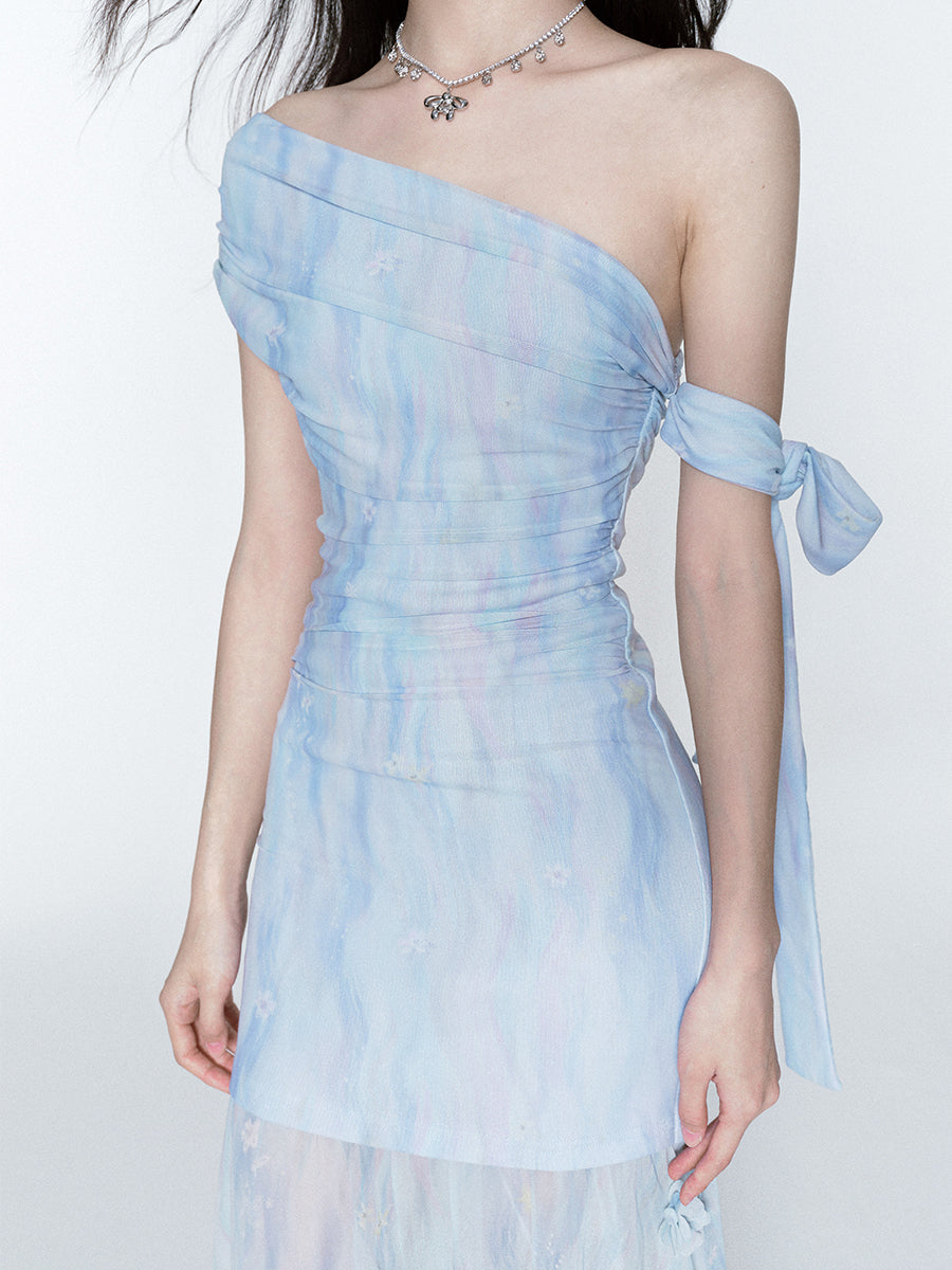 Floral Sheer Off-Shoulder Ruched Dress