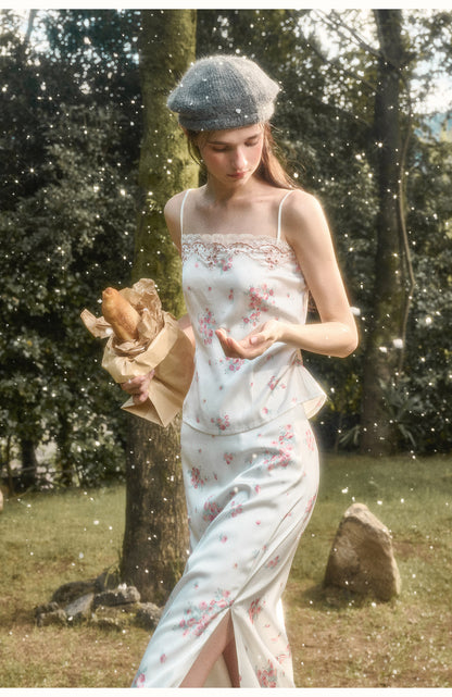 Pearl Satin Embroidered Camisole & Skirt