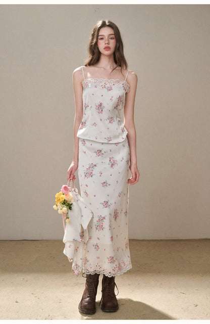 Pearl Satin Embroidered Camisole & Skirt