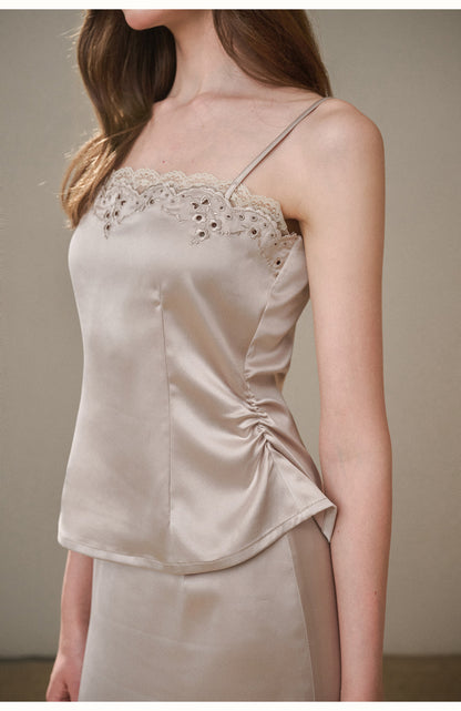 Pearl Satin Embroidered Camisole & Skirt