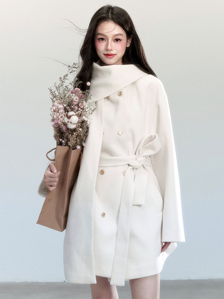Casual Scarf-Detail Belted Wrap Coat