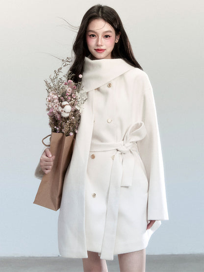 Casual Scarf-Detail Belted Wrap Coat