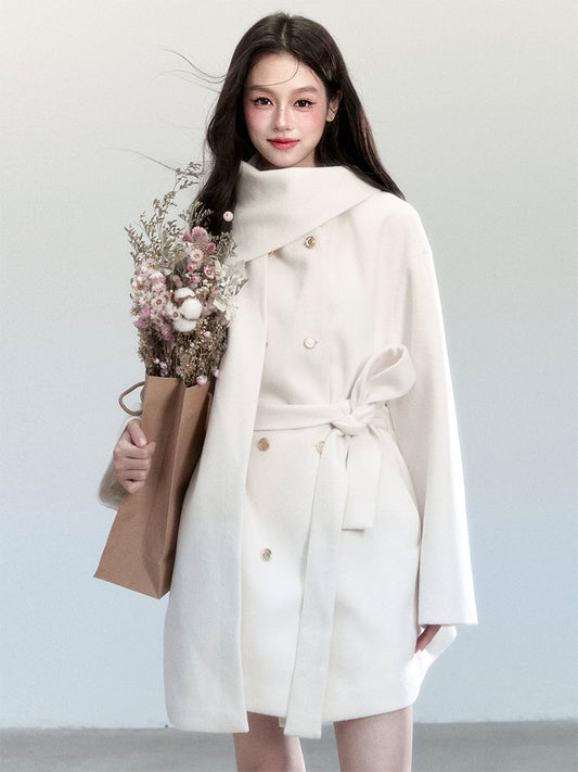 Casual Scarf-Detail Belted Wrap Coat