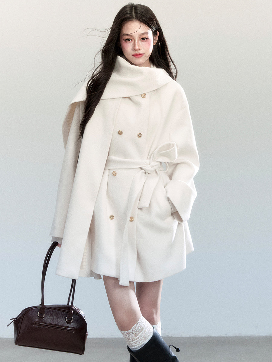 Casual Scarf-Detail Belted Wrap Coat