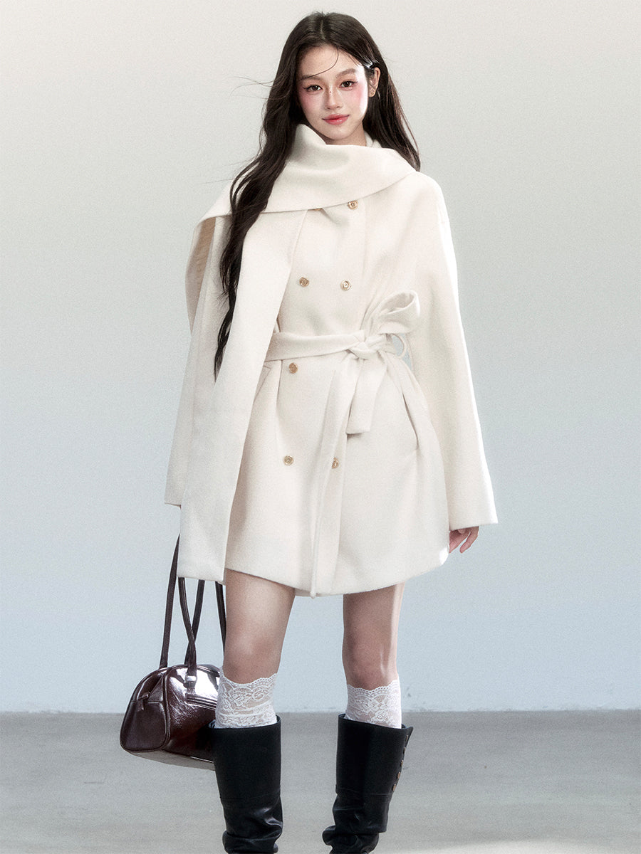 Casual Scarf-Detail Belted Wrap Coat