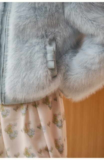 Fluffy Faux Fur Bow Detail Zip-Up Jacket