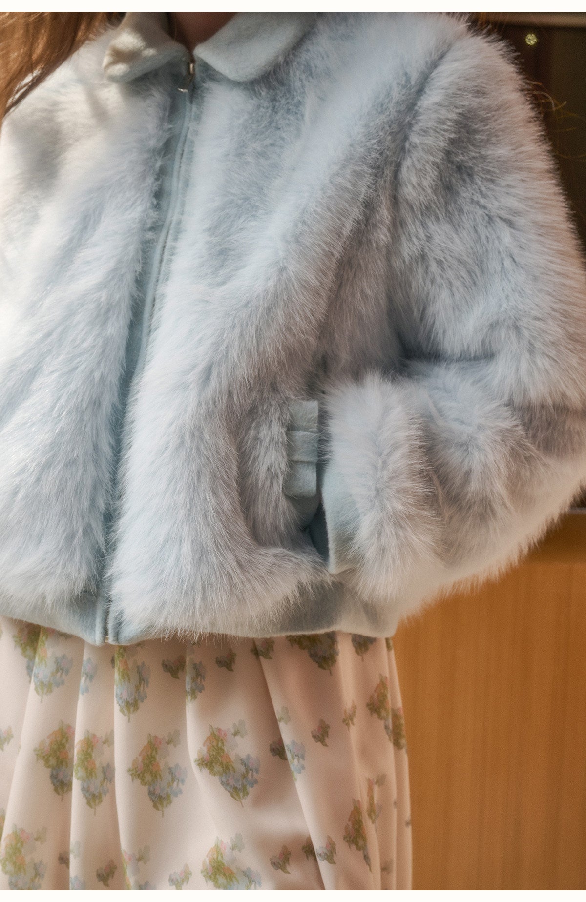 Fluffy Faux Fur Bow Detail Zip-Up Jacket