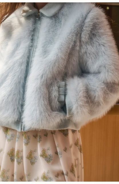 Fluffy Faux Fur Bow Detail Zip-Up Jacket