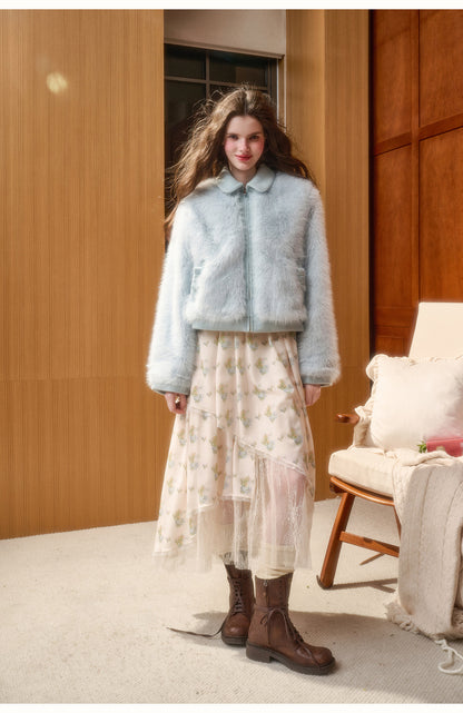 Fluffy Faux Fur Bow Detail Zip-Up Jacket