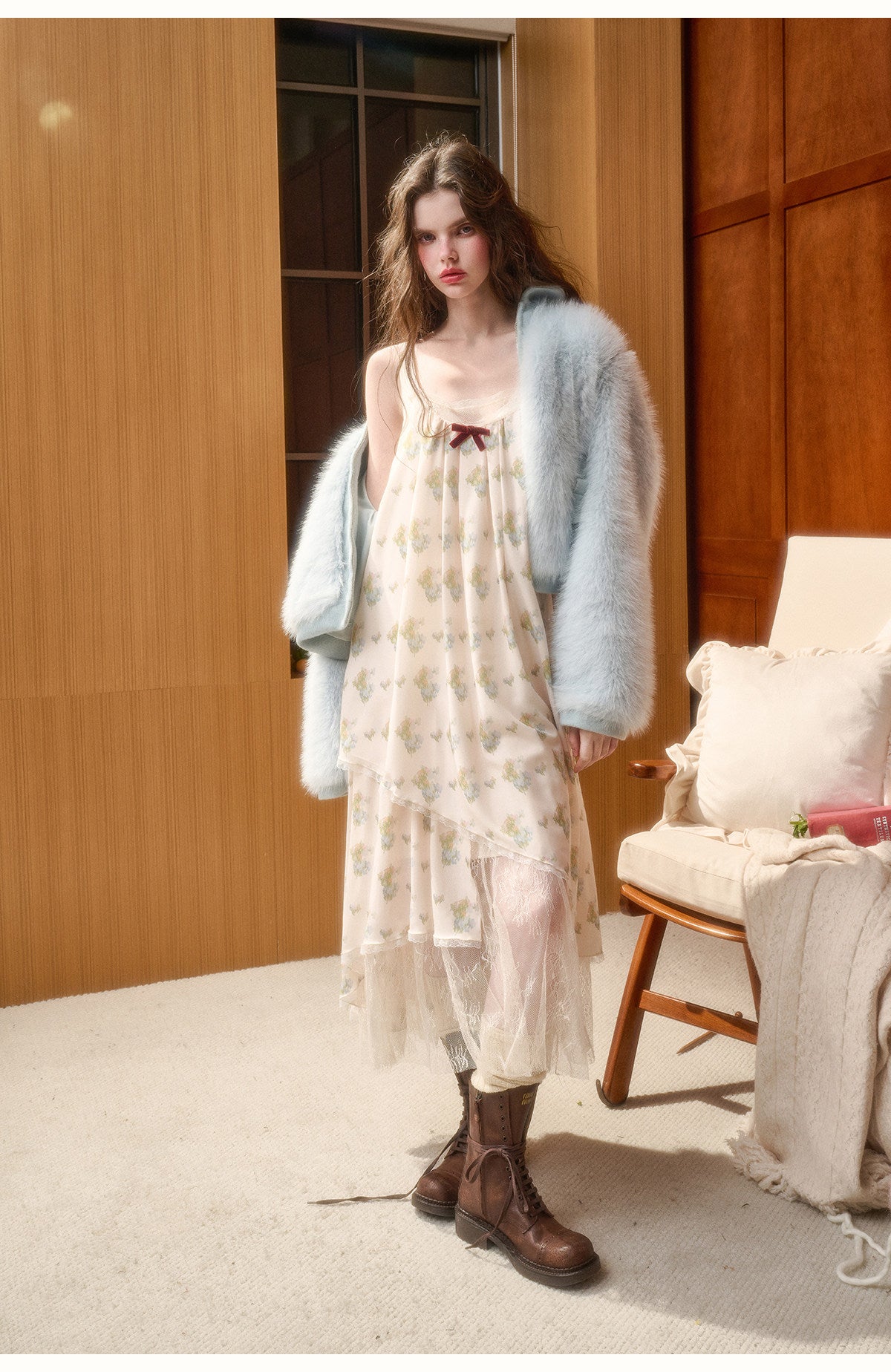 Fluffy Faux Fur Bow Detail Zip-Up Jacket