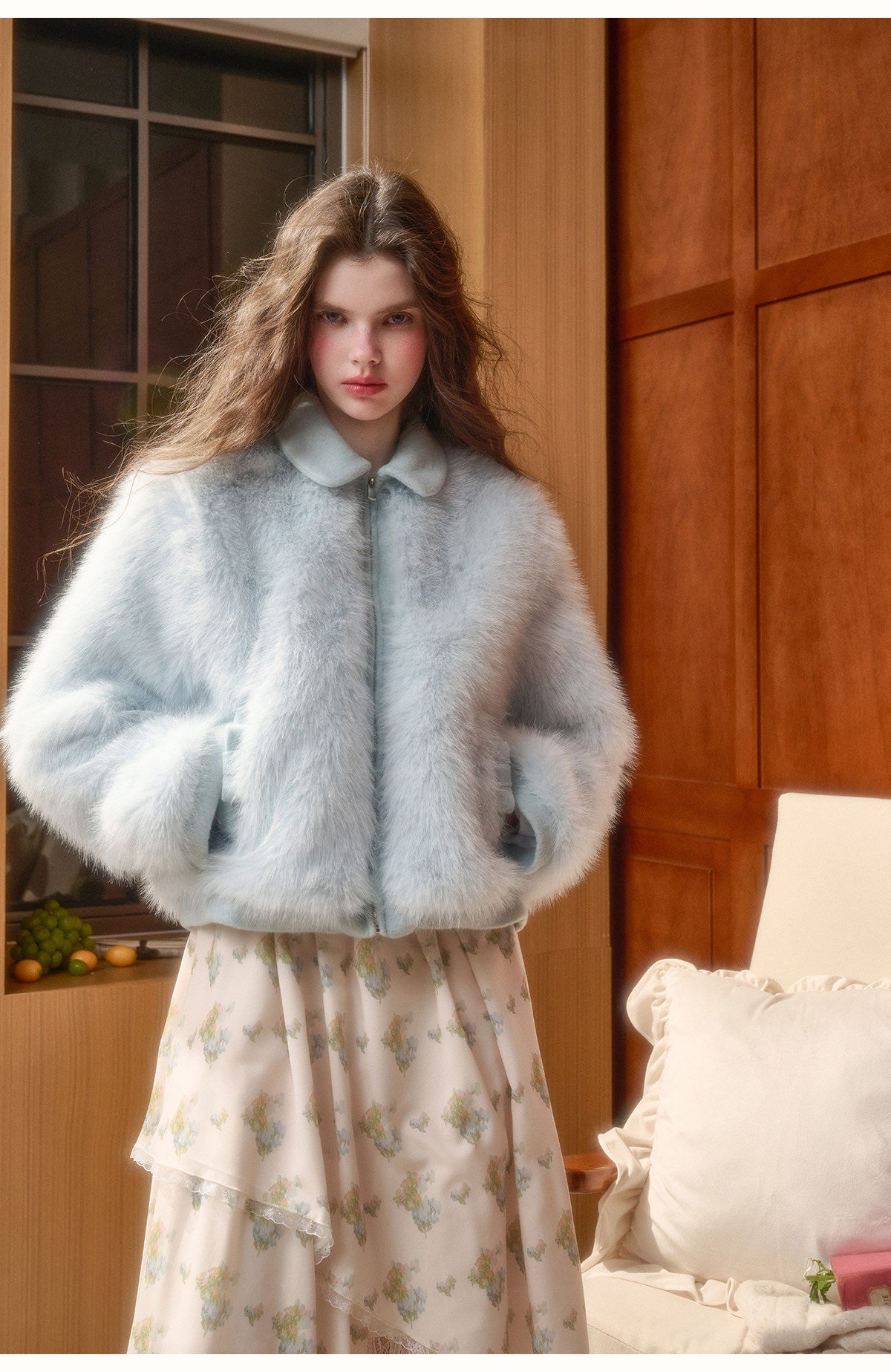 Fluffy Faux Fur Bow Detail Zip-Up Jacket