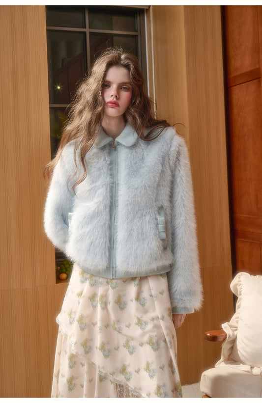 Fluffy Faux Fur Bow Detail Zip-Up Jacket