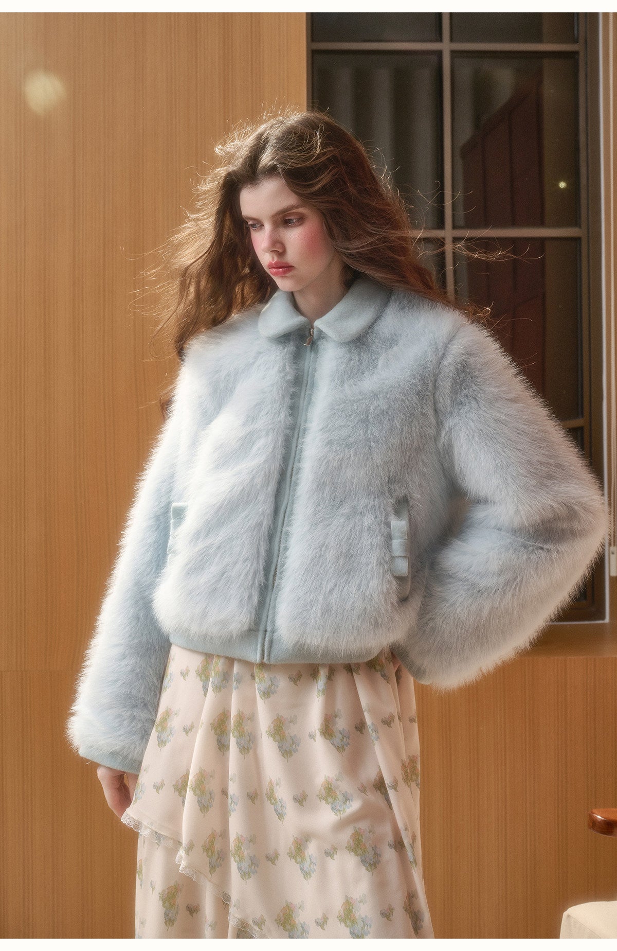 Fluffy Faux Fur Bow Detail Zip-Up Jacket