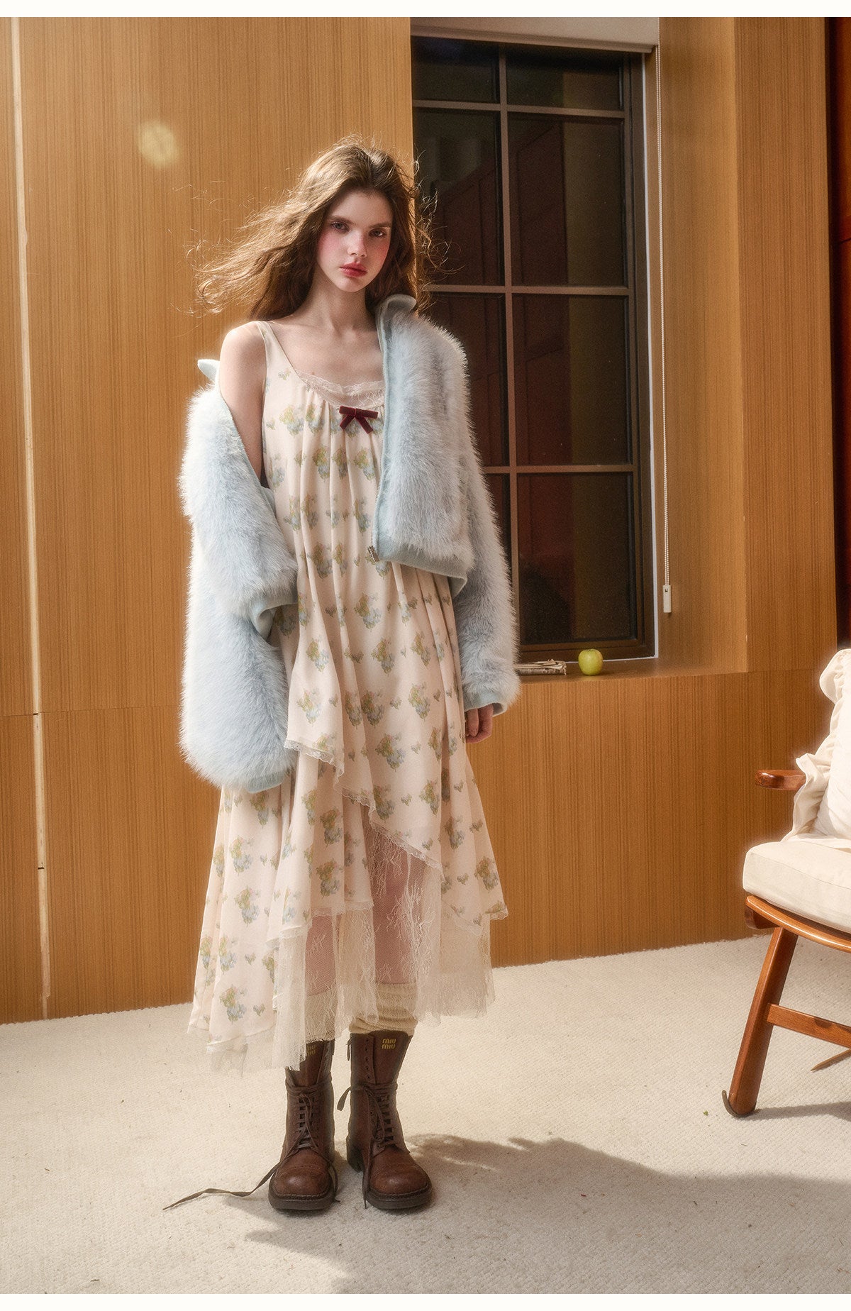 Fluffy Faux Fur Bow Detail Zip-Up Jacket