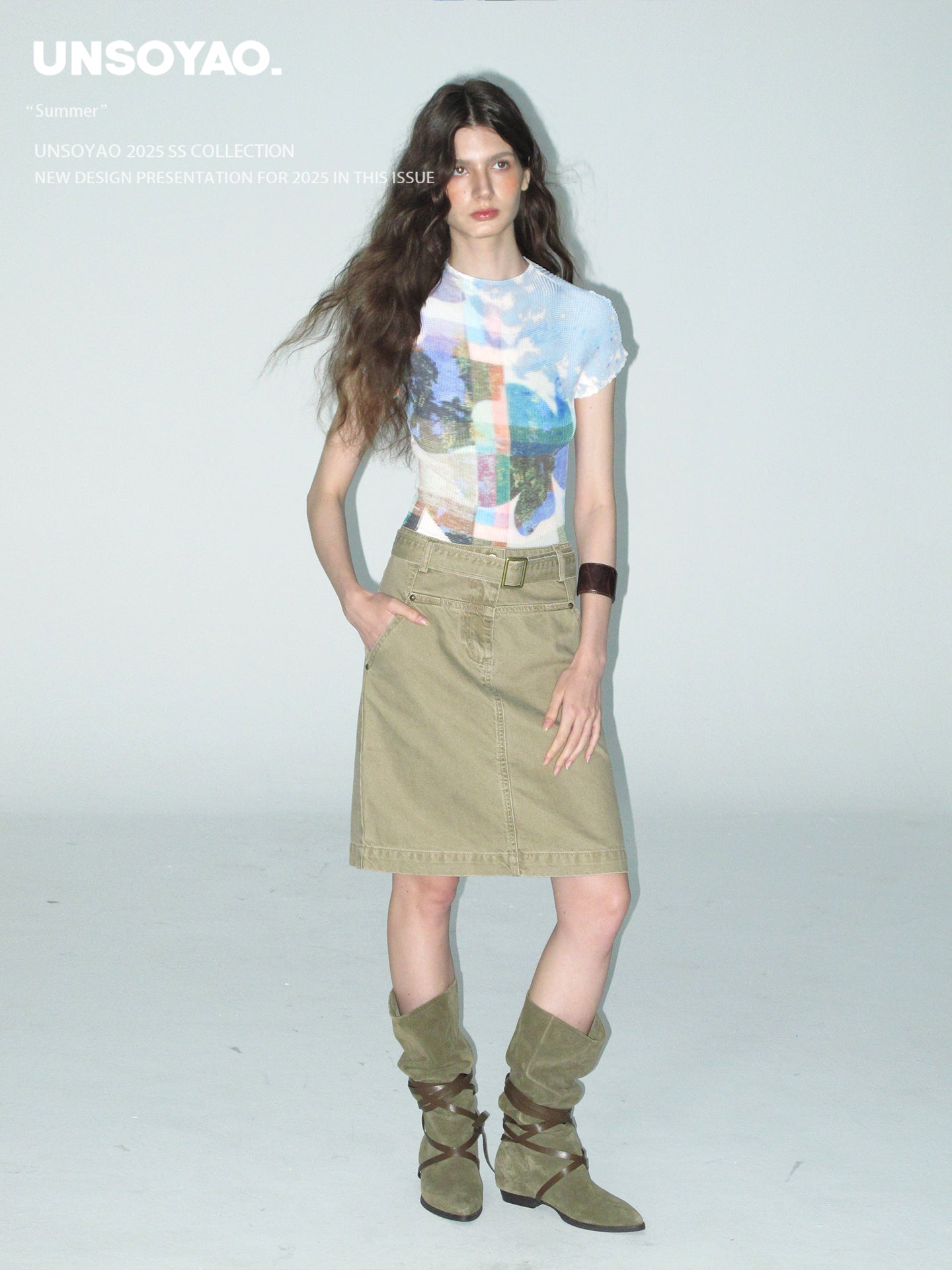 Belted Straight Cotton Midi Skirt