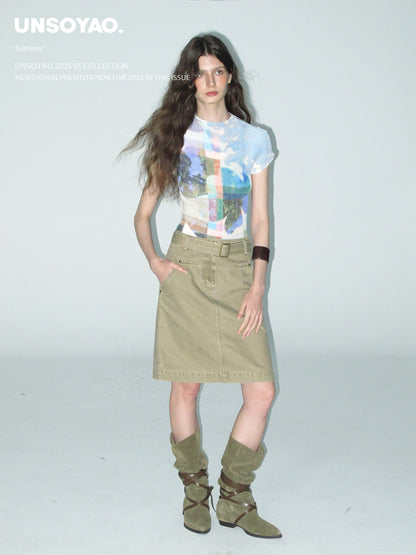 Belted Straight Cotton Midi Skirt