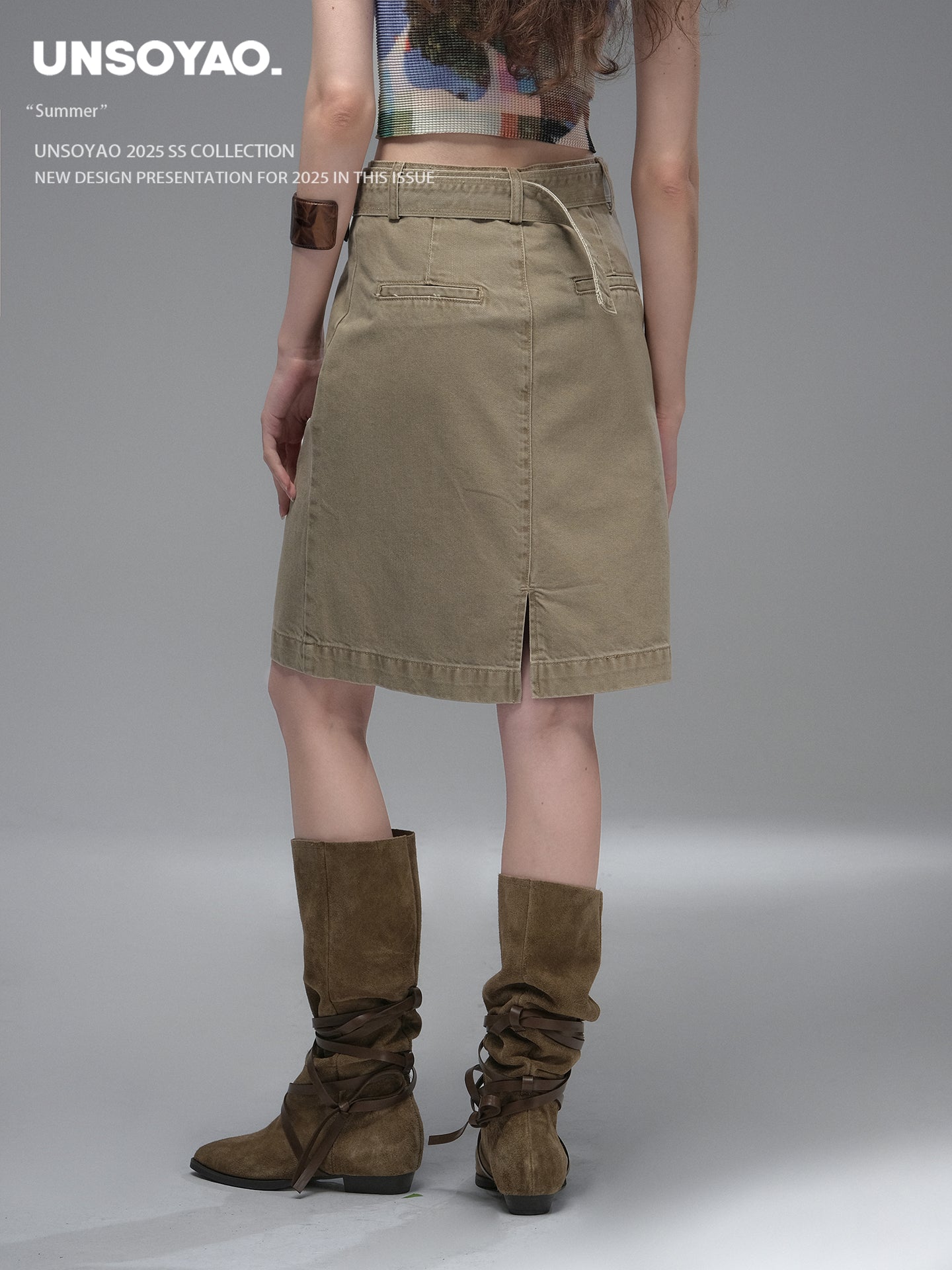Belted Straight Cotton Midi Skirt