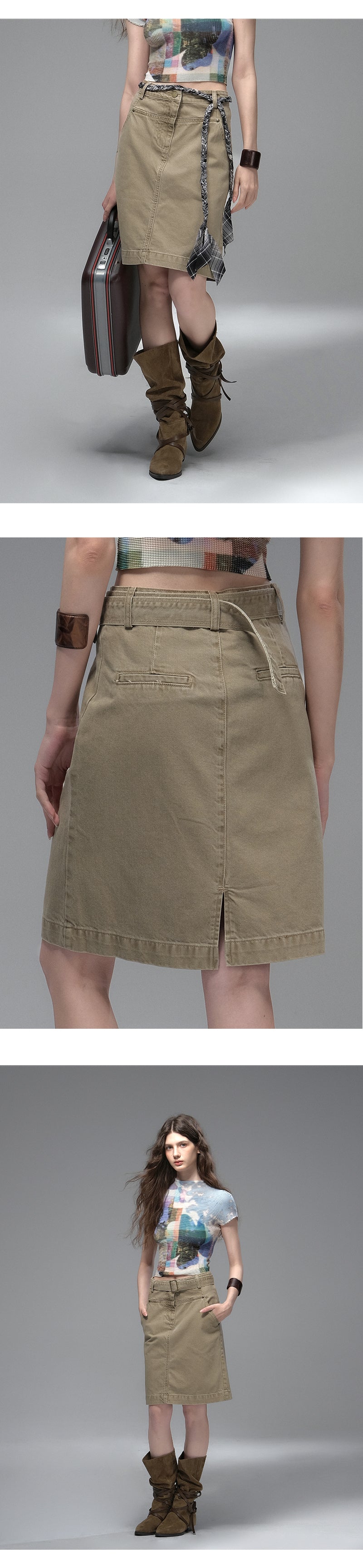 Belted Straight Cotton Midi Skirt