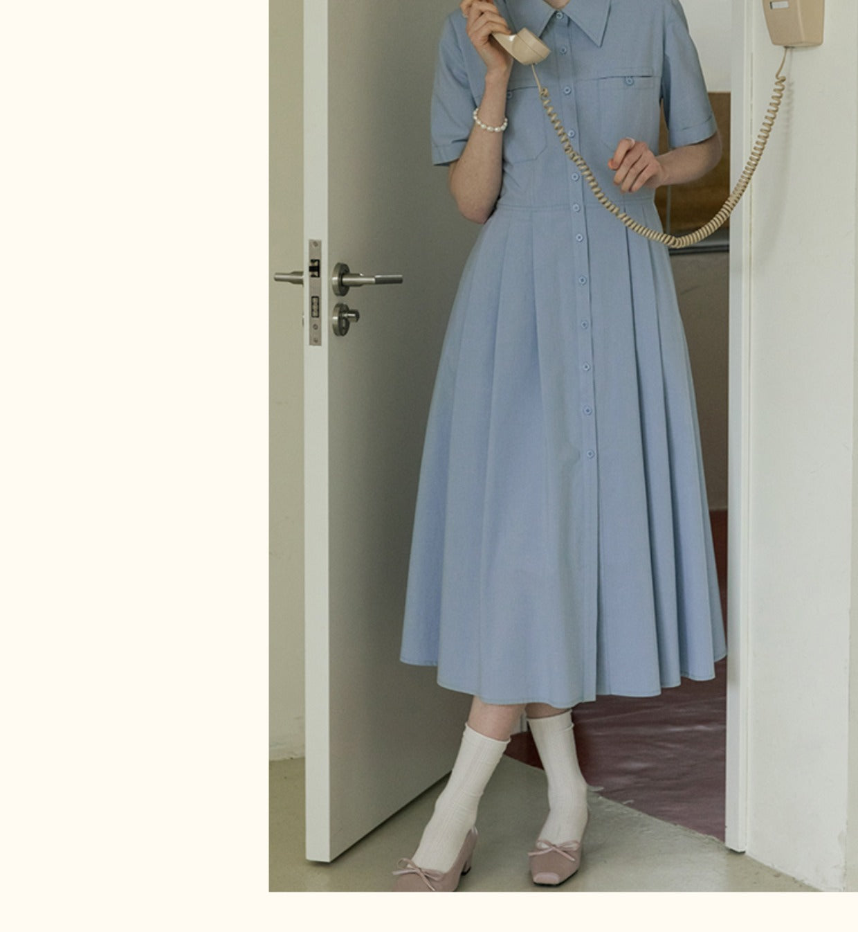 Flat-Collar Pleated Shirt Dress In Natural Fabric