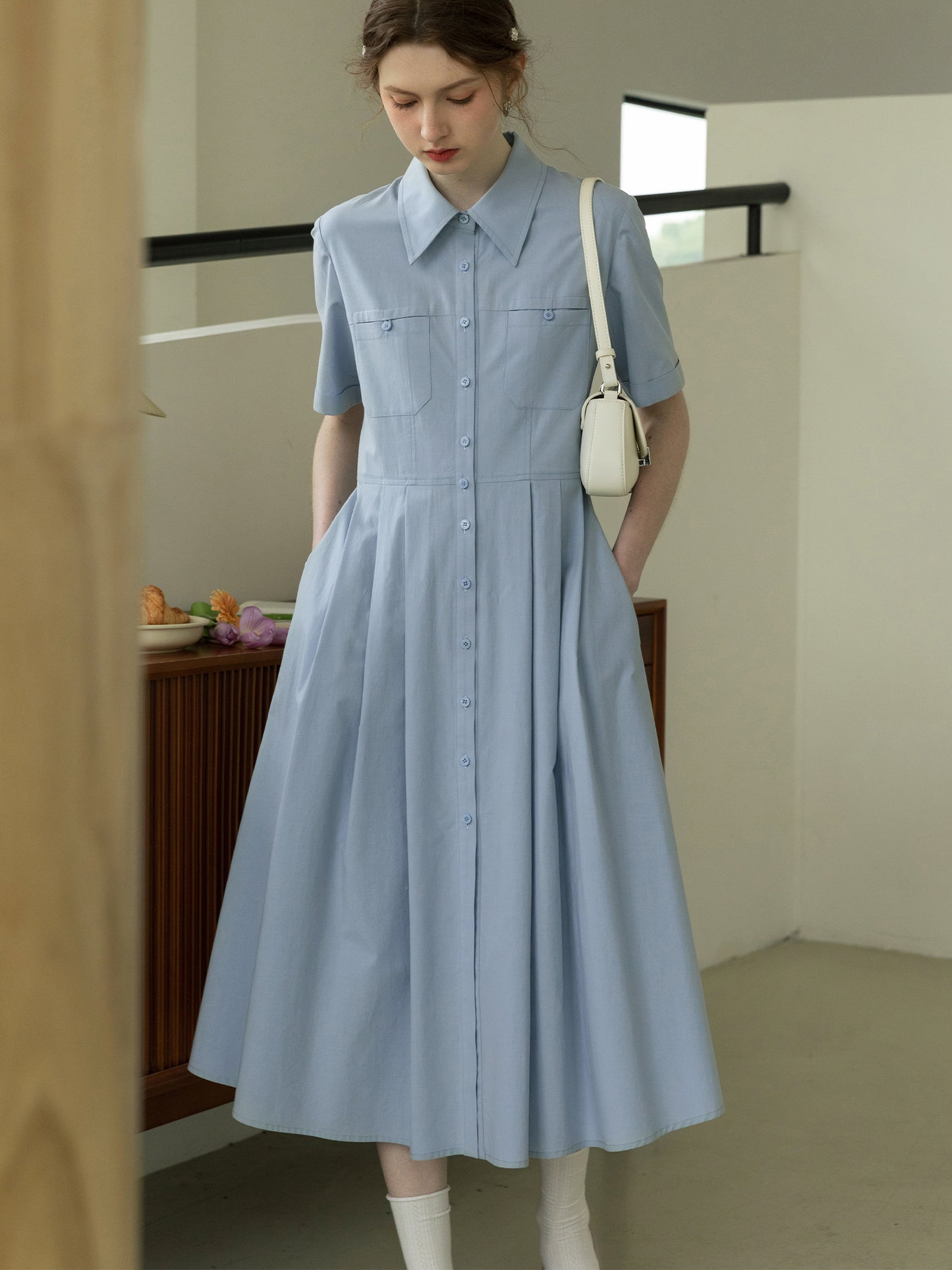 Flat-Collar Pleated Shirt Dress In Natural Fabric