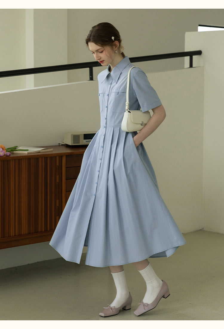 Flat-Collar Pleated Shirt Dress In Natural Fabric
