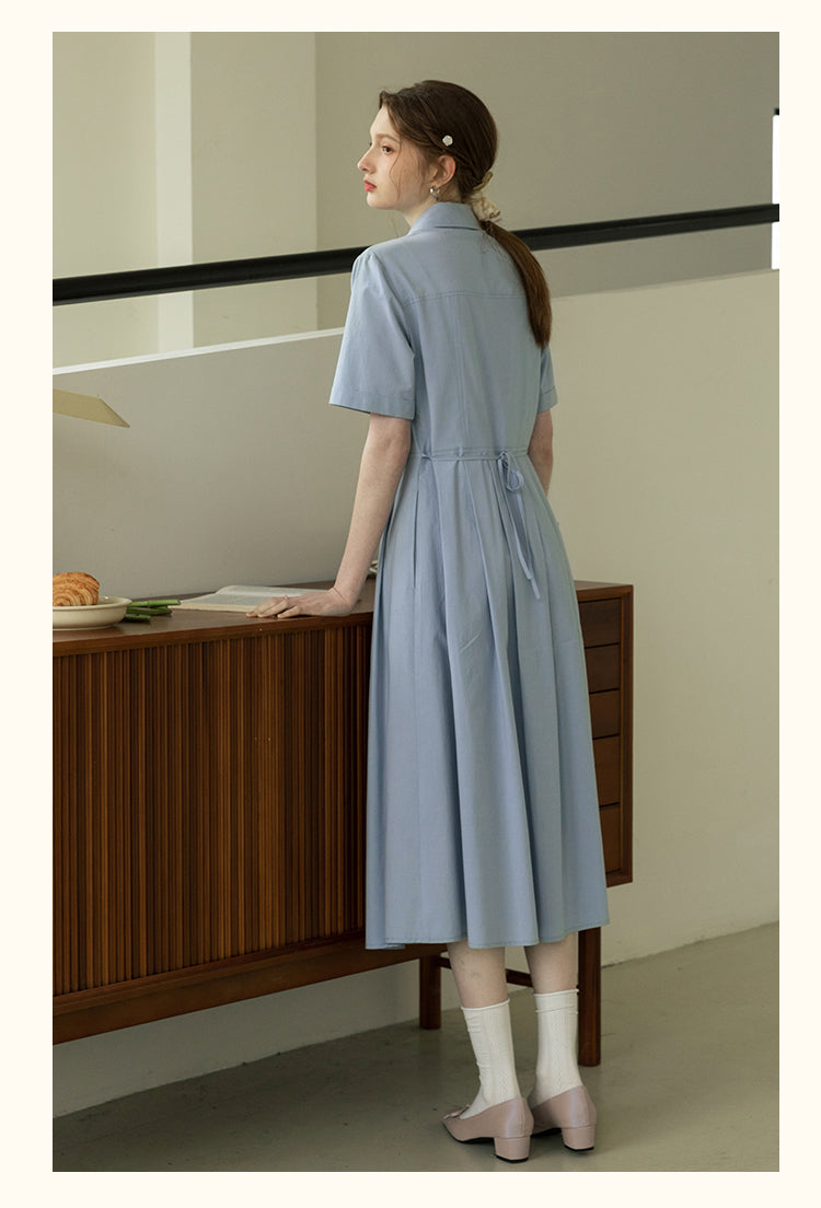Flat-Collar Pleated Shirt Dress In Natural Fabric