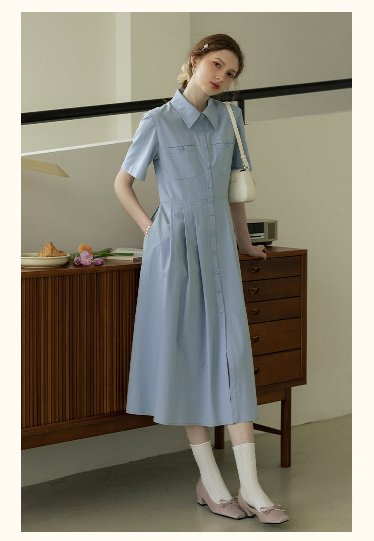 Flat-Collar Pleated Shirt Dress In Natural Fabric