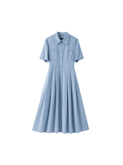 Flat-Collar Pleated Shirt Dress In Natural Fabric