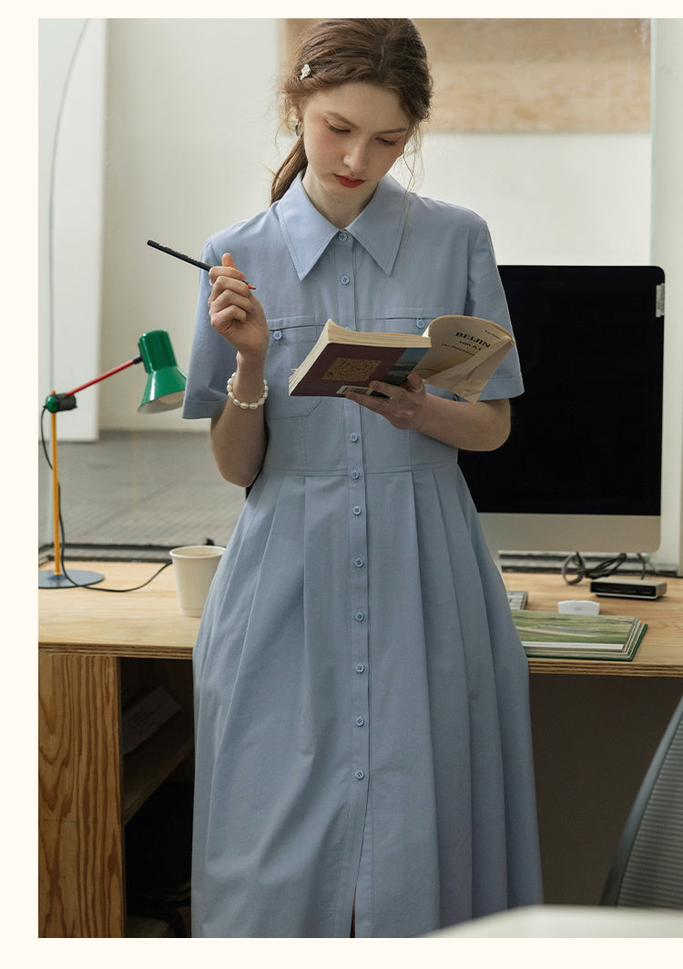 Flat-Collar Pleated Shirt Dress In Natural Fabric