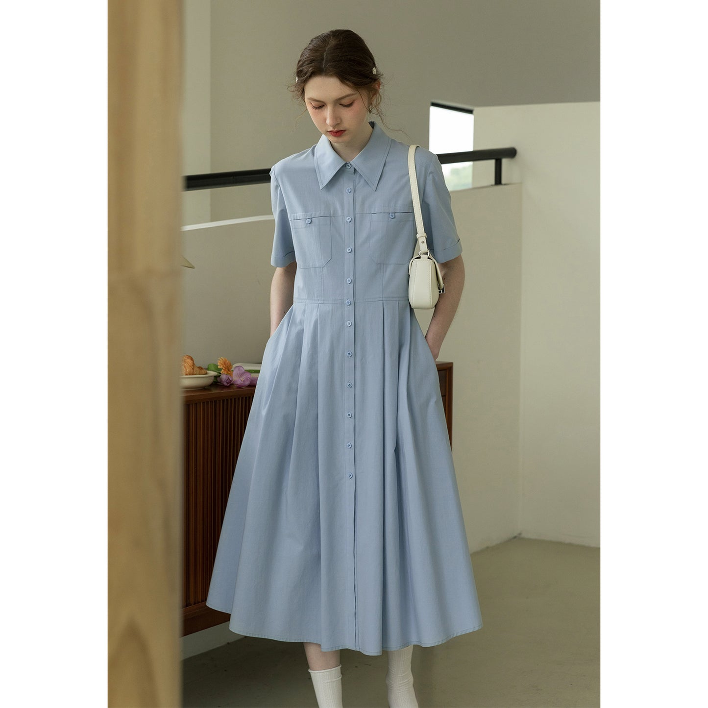Flat-Collar Pleated Shirt Dress In Natural Fabric