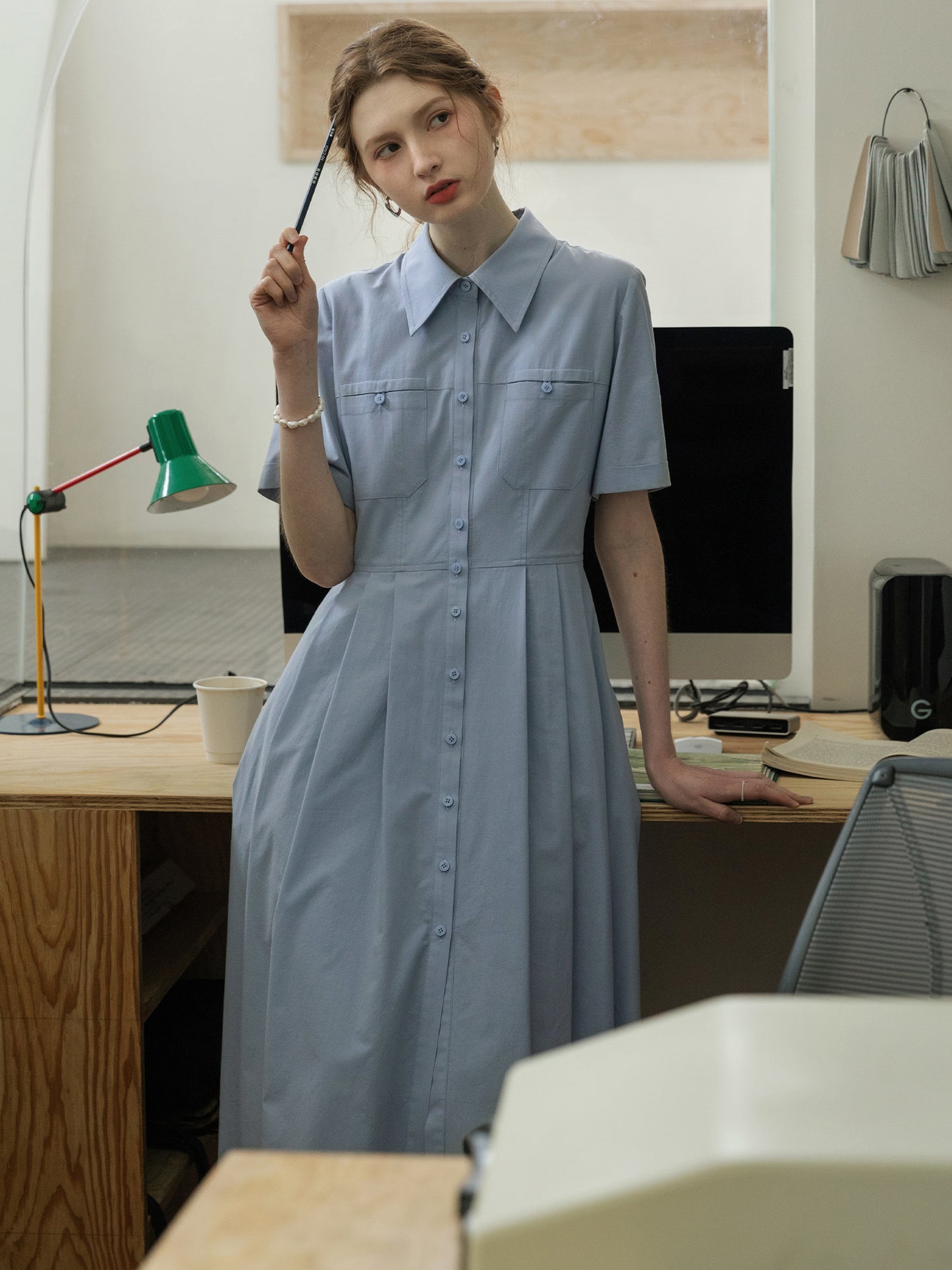 Flat-Collar Pleated Shirt Dress In Natural Fabric