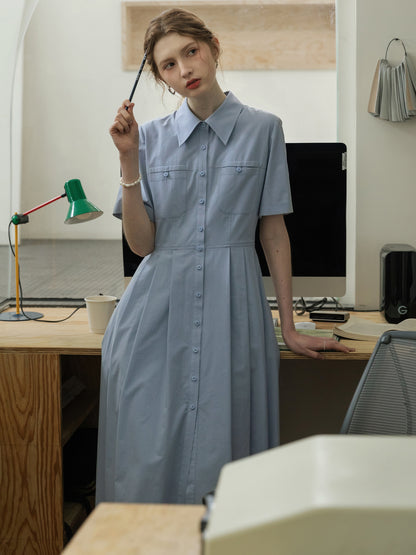 Flat-Collar Pleated Shirt Dress In Natural Fabric