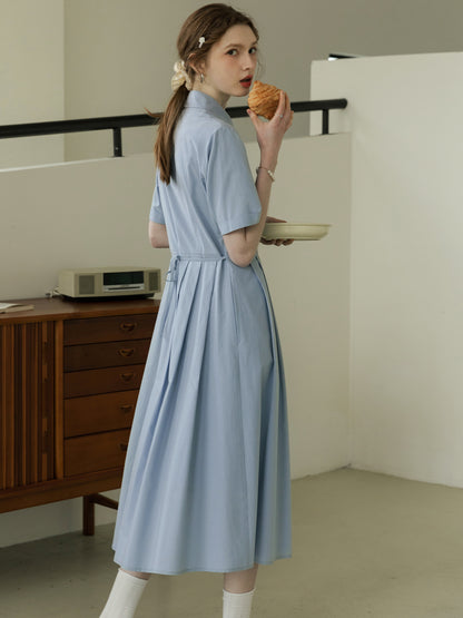 Flat-Collar Pleated Shirt Dress In Natural Fabric