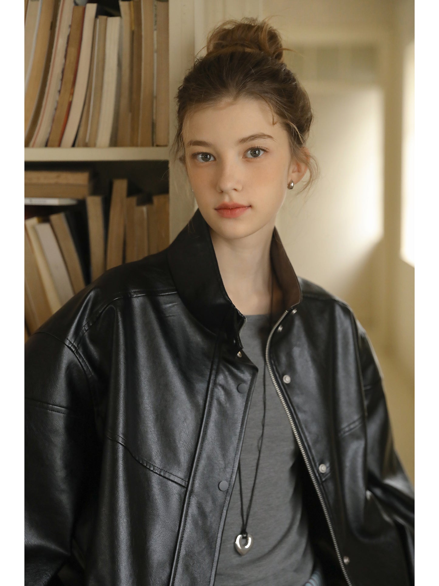 Faux Leather Zip-Up Jacket With Elastic Hem