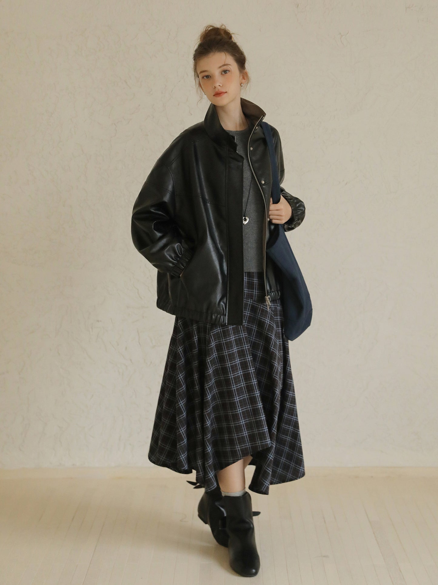 Faux Leather Zip-Up Jacket With Elastic Hem