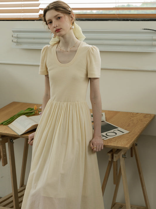 U-Neck Puff-Sleeve Draped Dress