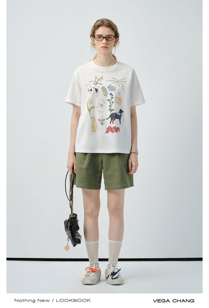 Flower Dog Printed T-Shirt & Denim Shorts
