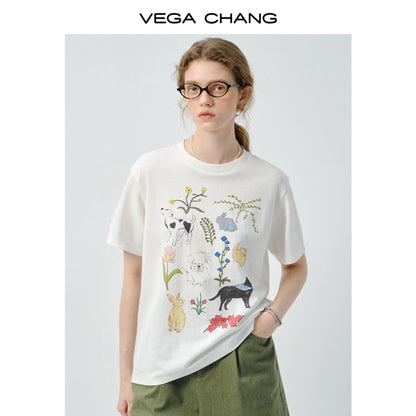 Flower Dog Printed T-Shirt & Denim Shorts
