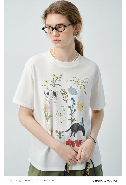 Flower Dog Printed T-Shirt & Denim Shorts