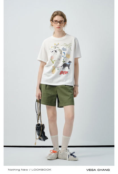 Flower Dog Printed T-Shirt & Denim Shorts