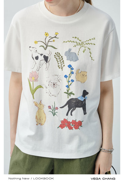 Flower Dog Printed T-Shirt & Denim Shorts