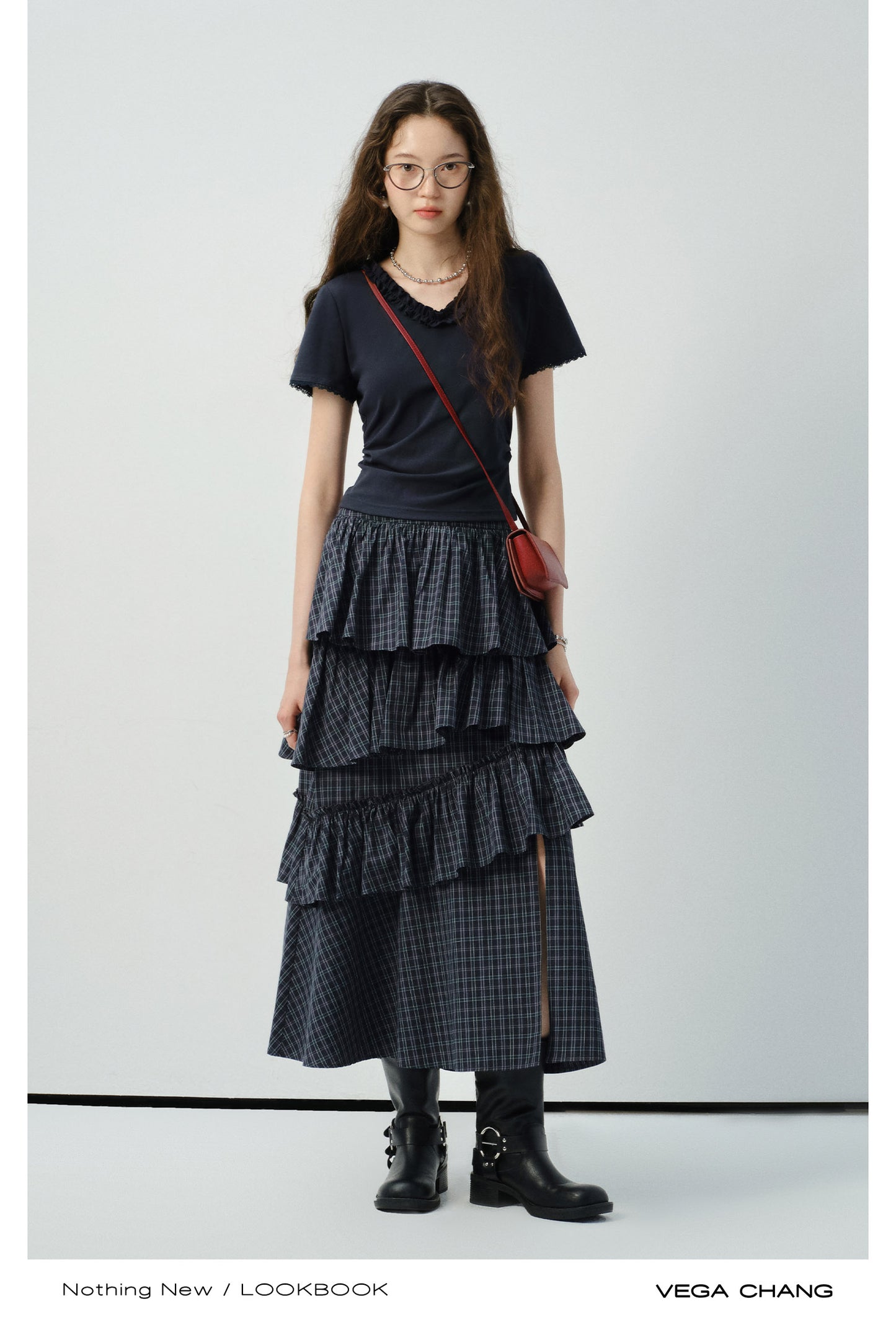 Ruffle Trim V-Neck Plain T-Shirt