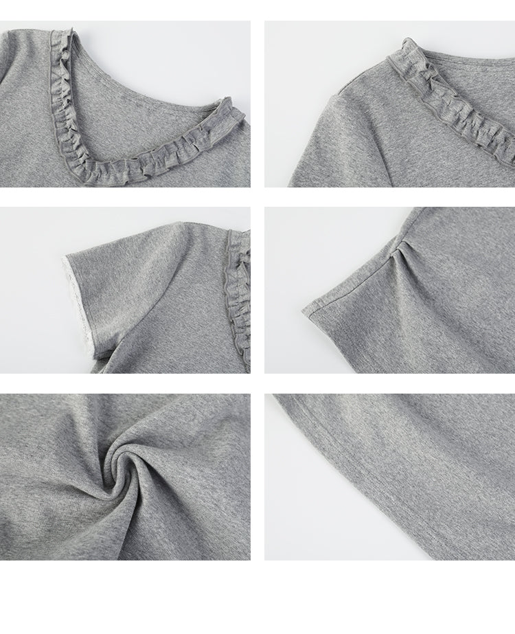 Ruffle Trim V-Neck Plain T-Shirt