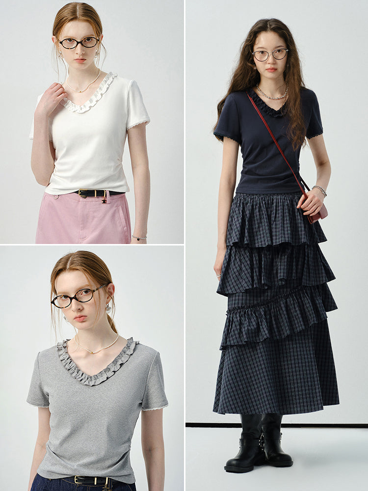 Ruffle Trim V-Neck Plain T-Shirt
