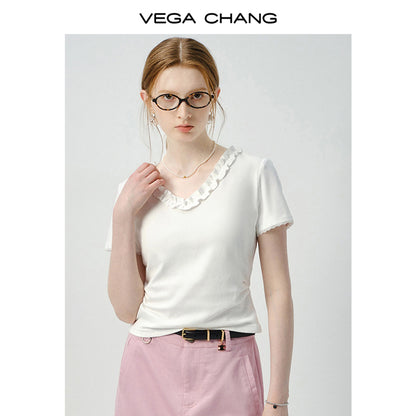 Ruffle Trim V-Neck Plain T-Shirt