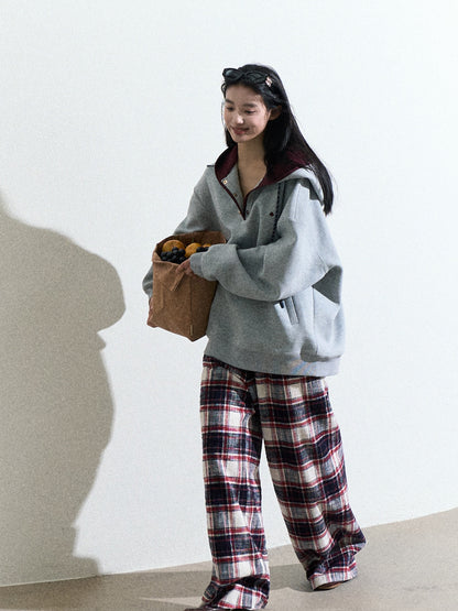 Classic Plaid Cotton Wide-Leg Pants With Drawstring